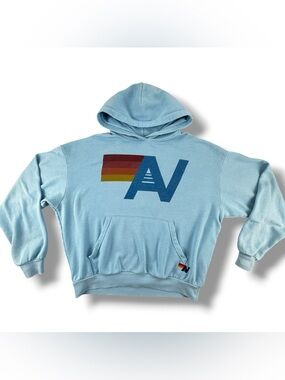 Aviator Nation Logo Pullover Relaxed Hoodie Size XS Ocean Blue Tri-Blend